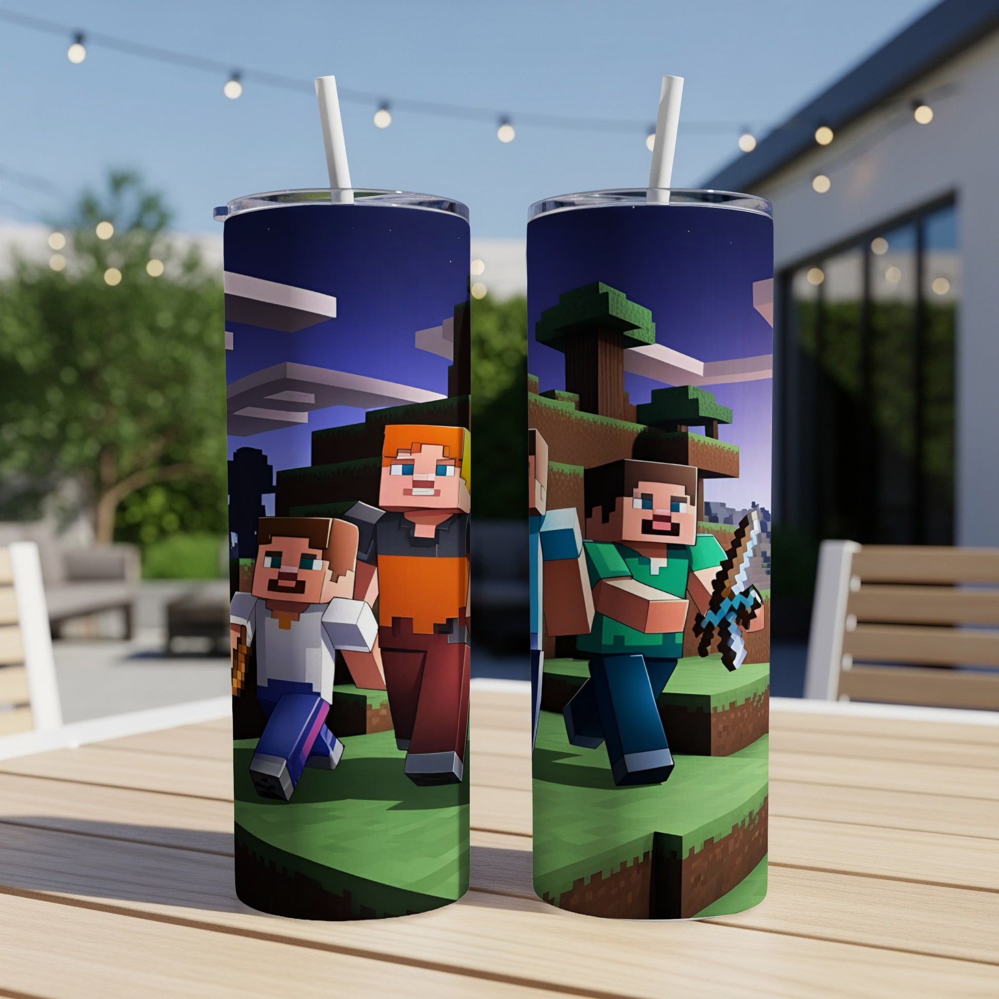 Minecraft characters Alex and Steve running through a pixelated world.