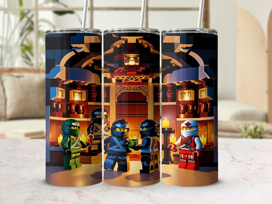 Ninjago characters in temple scene on a tumbler with two straws.