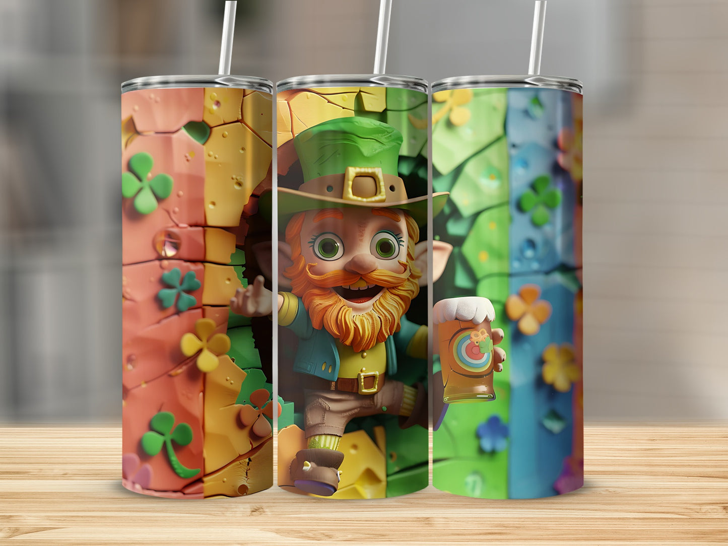 Leprechaun holding a beer mug on a St. Patrick's Day themed tumbler.