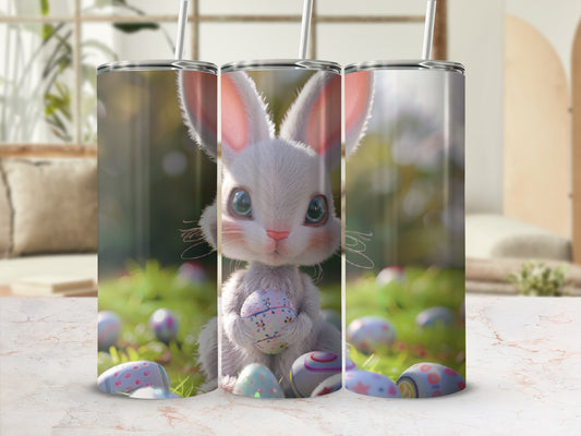 Bunny holding an Easter egg in a grassy field with colorful eggs.