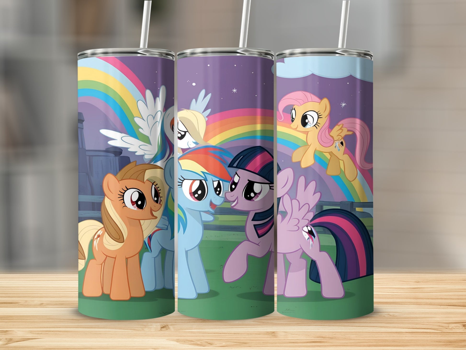 My Little Pony characters Rainbow Dash, Fluttershy, and Twilight Sparkle on colorful tumblers.