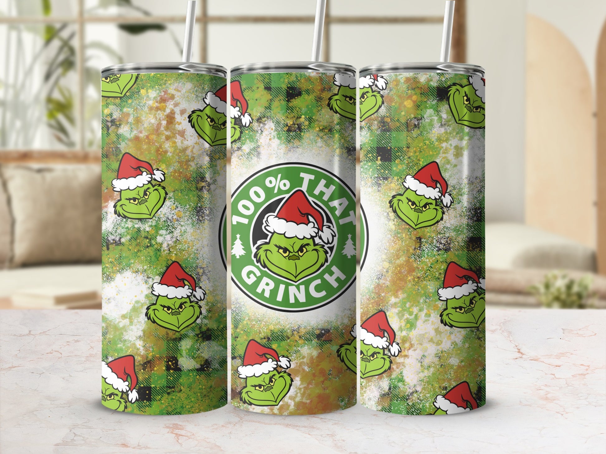 Green Grinch tumbler with red Santa hat, "100% That Grinch" text, and plaid background.