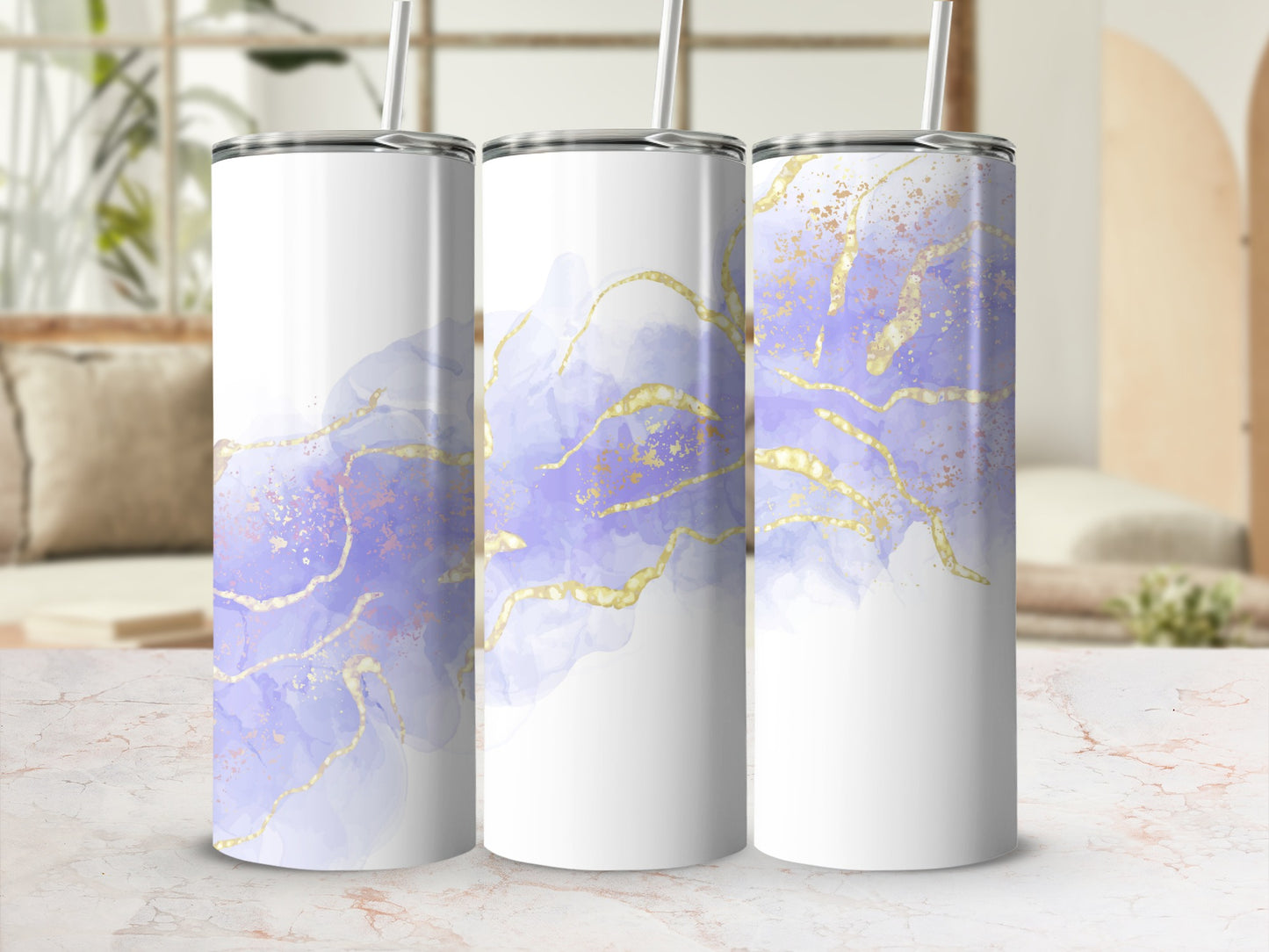 Three white tumblers with a purple and gold abstract watercolor design.