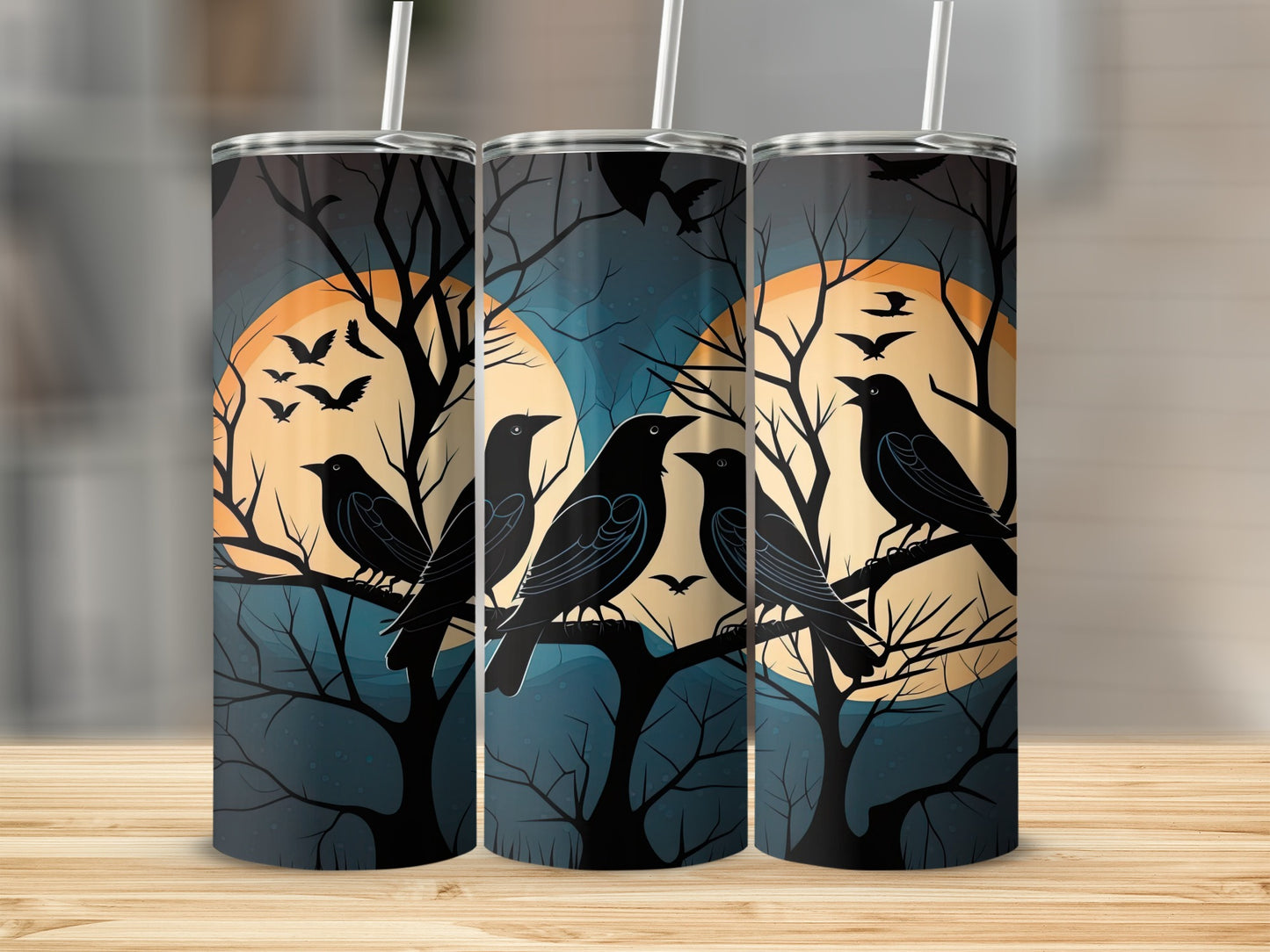 Three tumblers with a Halloween scene featuring crows on bare branches against a large moon.