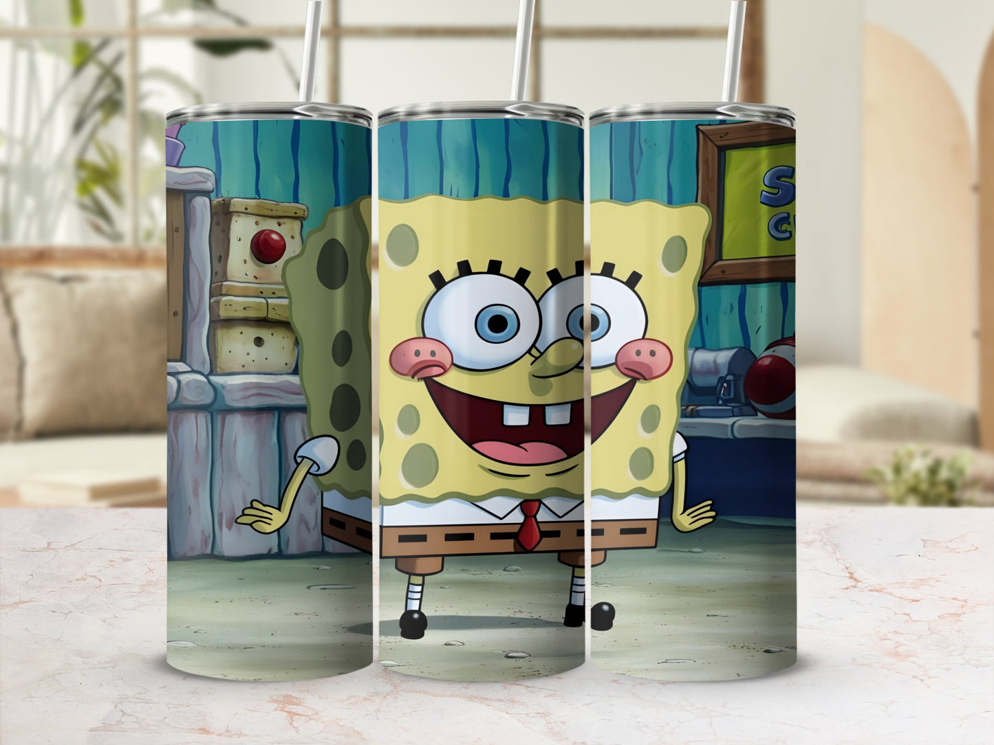 SpongeBob SquarePants smiling widely on a wood-paneled background.
