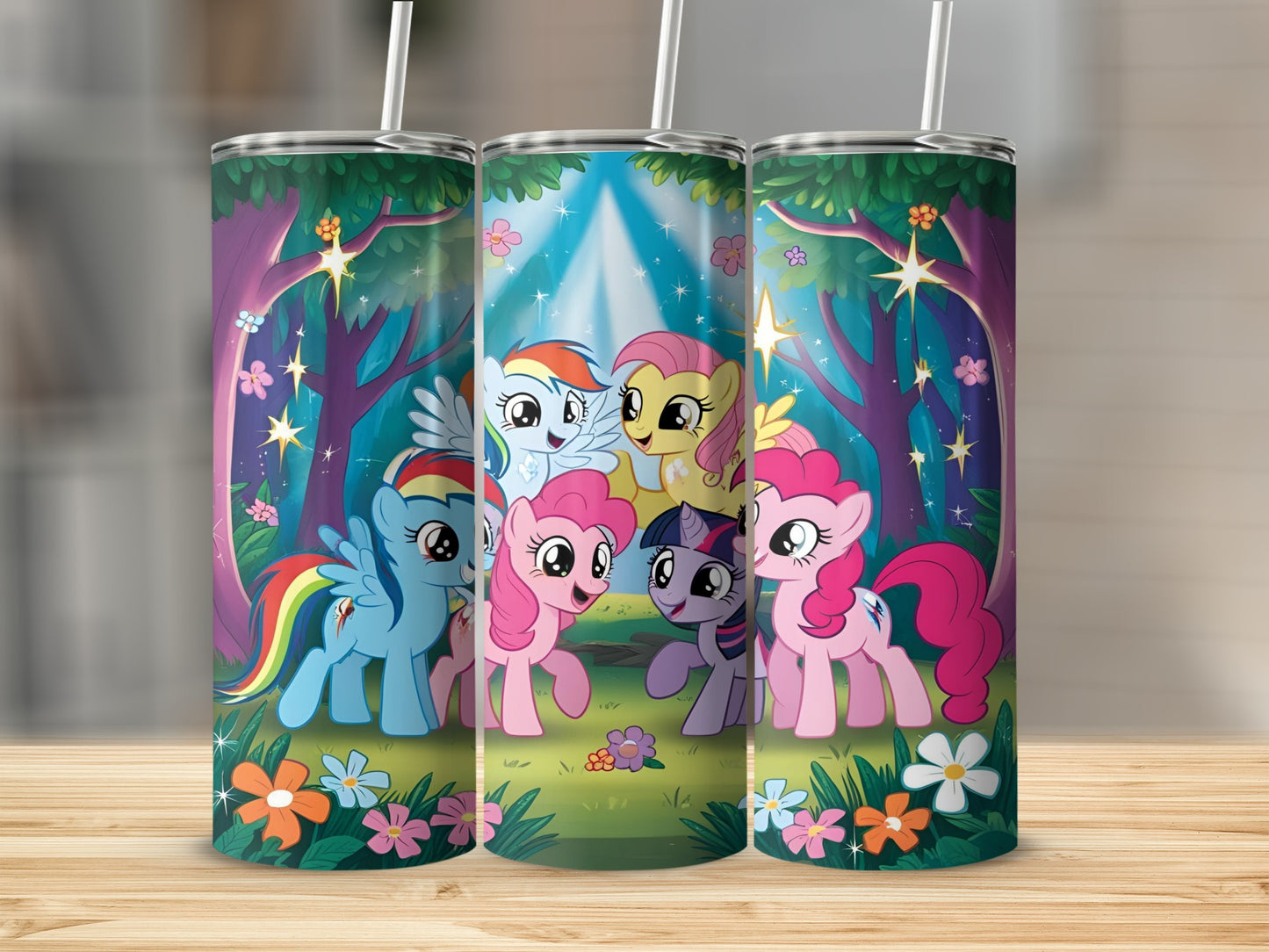 Three My Little Pony tumblers featuring Rainbow Dash, Pinkie Pie, and Twilight Sparkle in a forest.