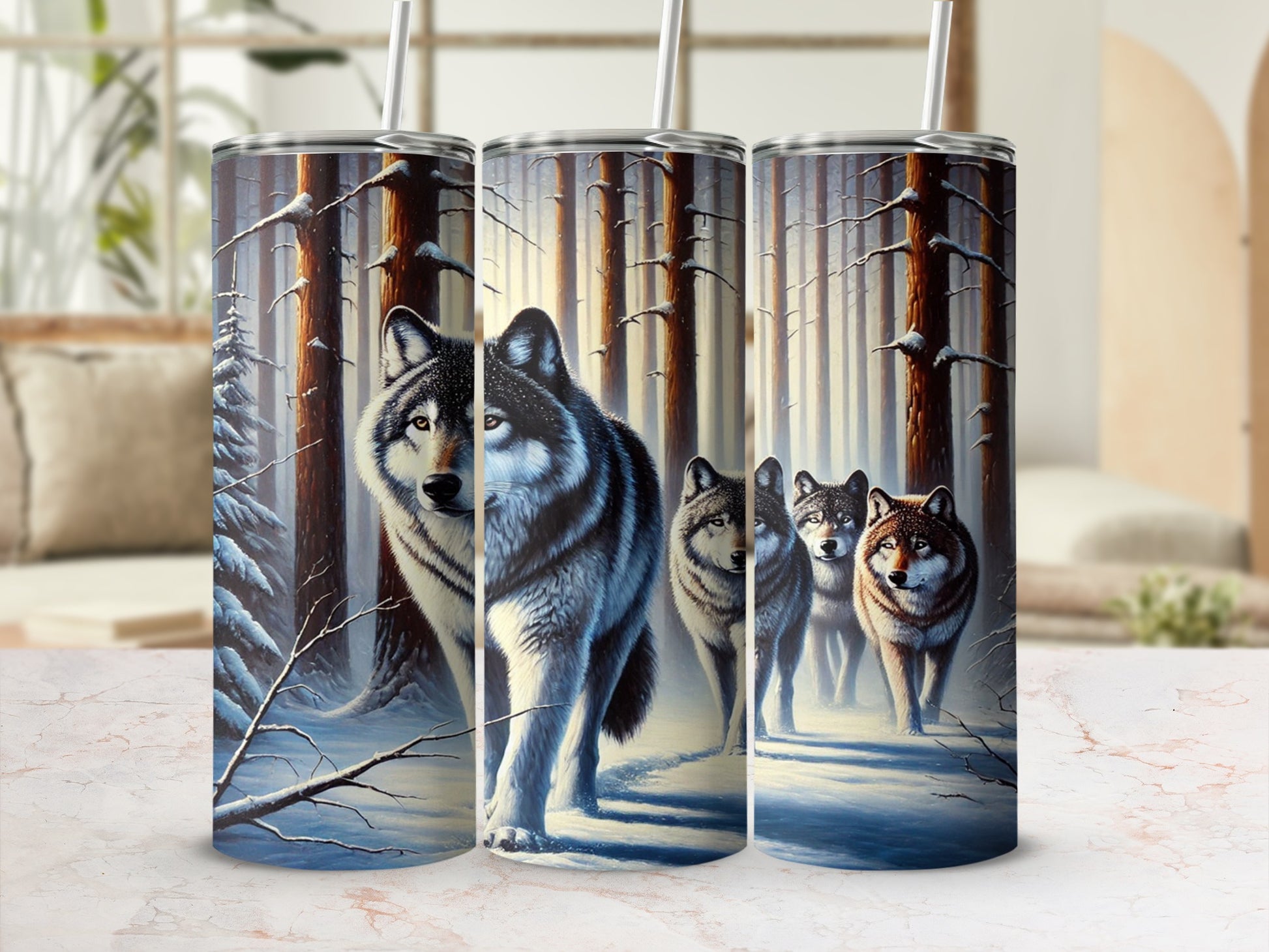 Stunning Wolf Pack Winter Scene Tumbler Set