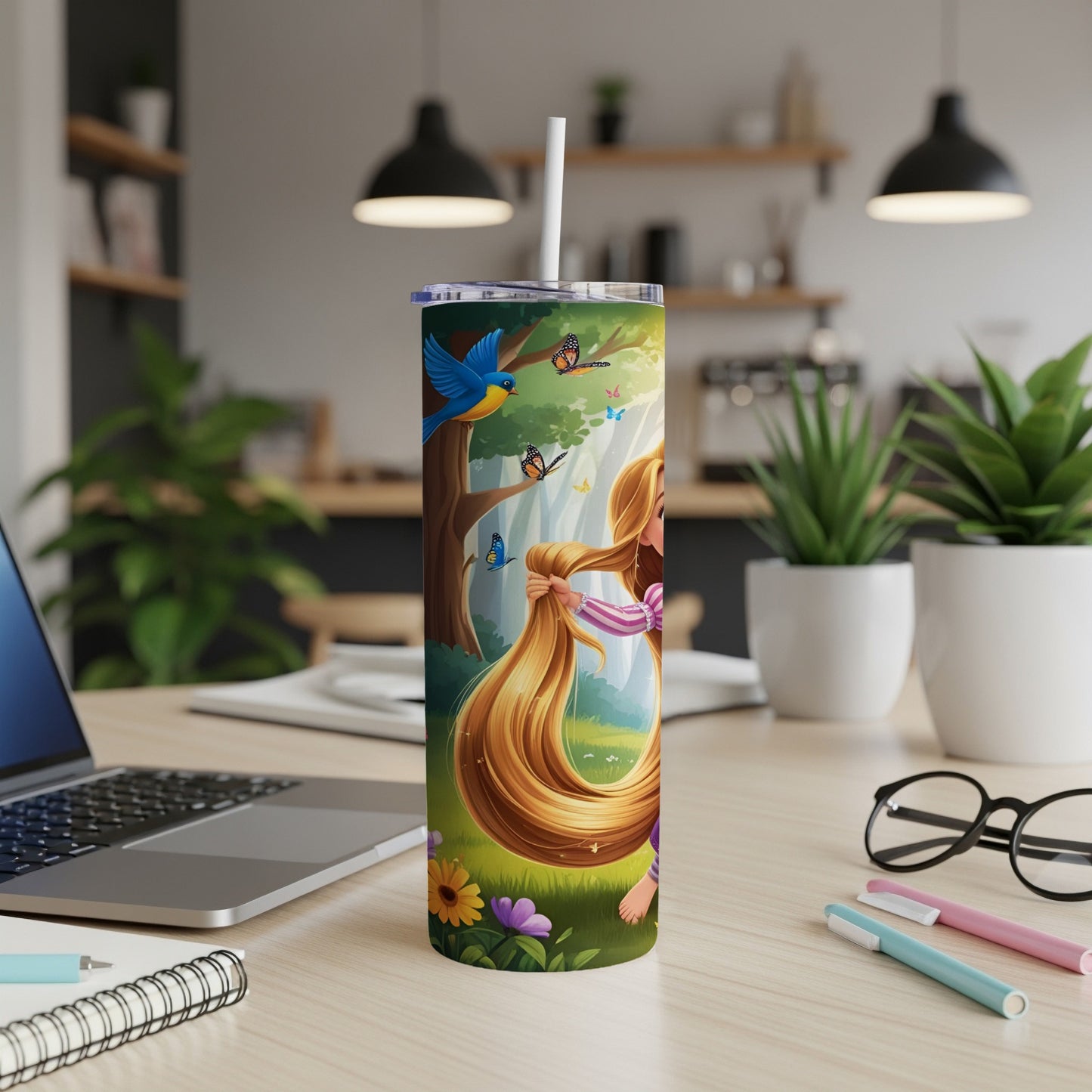 Rapunzel with long blonde hair and butterflies, holding a paintbrush.