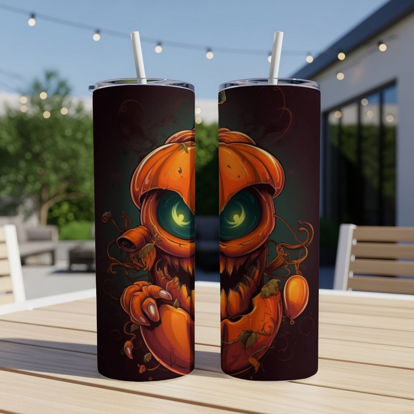 Two tumblers featuring a spooky cartoon pumpkin character with glowing green eyes.