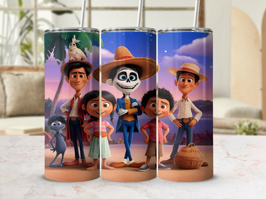 Animated characters from Coco movie on a tumbler with straw.