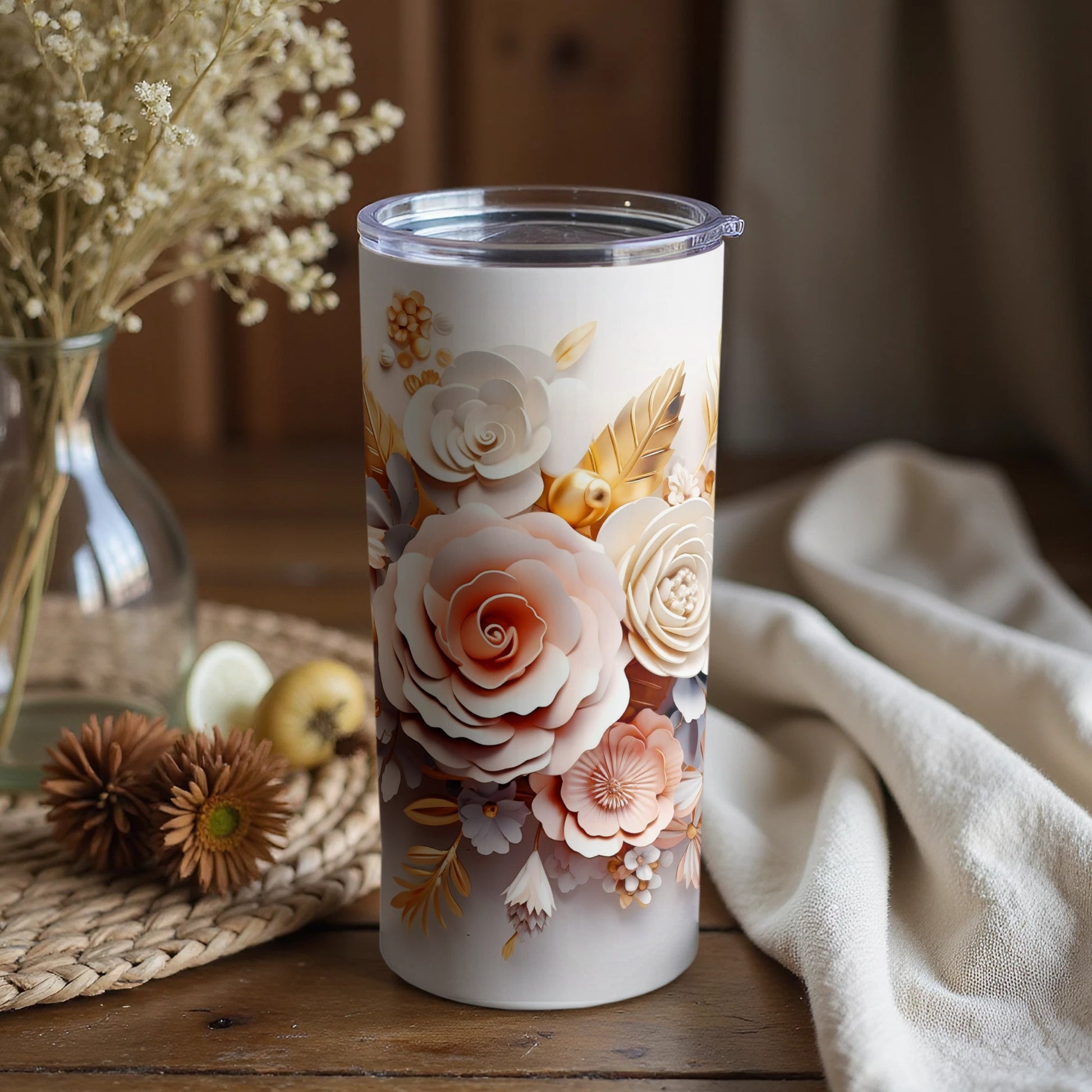 Elegant Floral Patterned Insulated Tumbler Cup