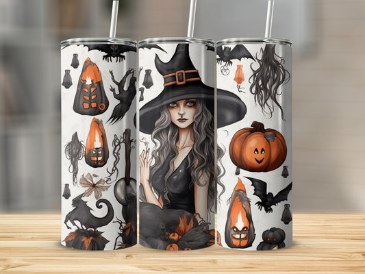 Three tumblers with Halloween art including a witch, pumpkins, bats, and spooky figures.