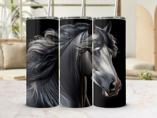 Black horse head profile on a tumbler, with detailed mane and background.