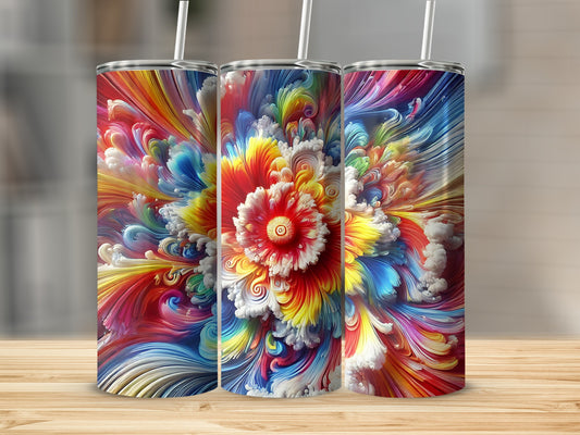 Three tumblers with vibrant, abstract floral designs.