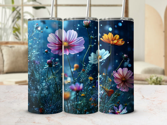 Three floral tumblers with cosmos flowers against a bokeh background.