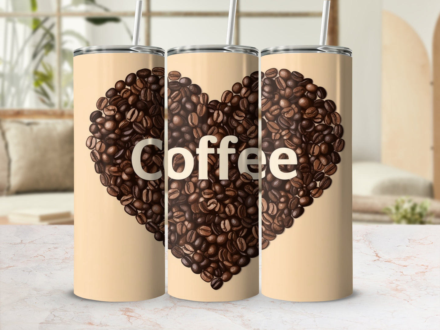 Three tall tumblers with coffee beans arranged in a heart shape, spelling "Coffee."