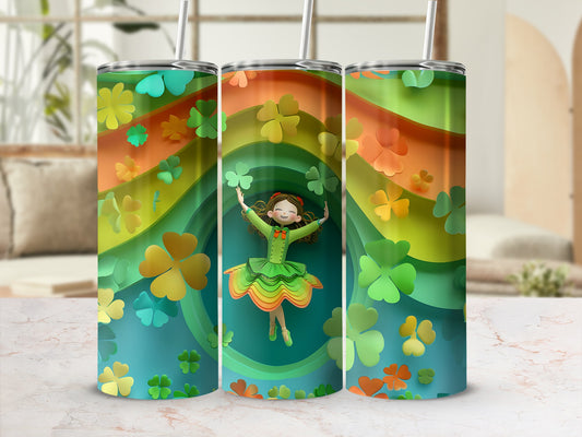 Green tumbler with a dancing girl and shamrocks on a colorful rainbow background.