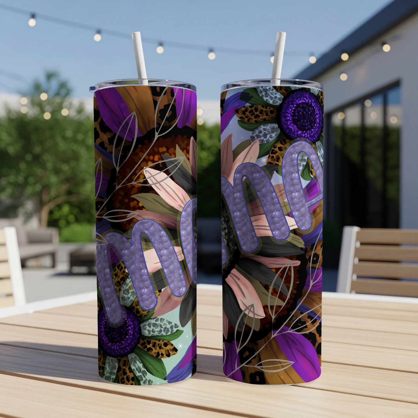 Two tumblers with purple glitter "mama" design and floral leopard print.