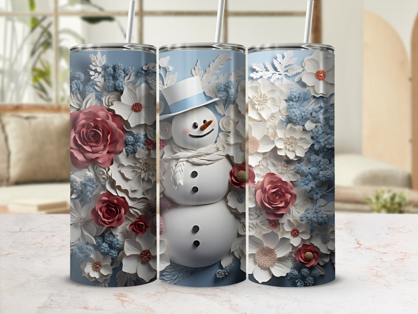 Festive Snowman and Floral Design Insulated Tumbler