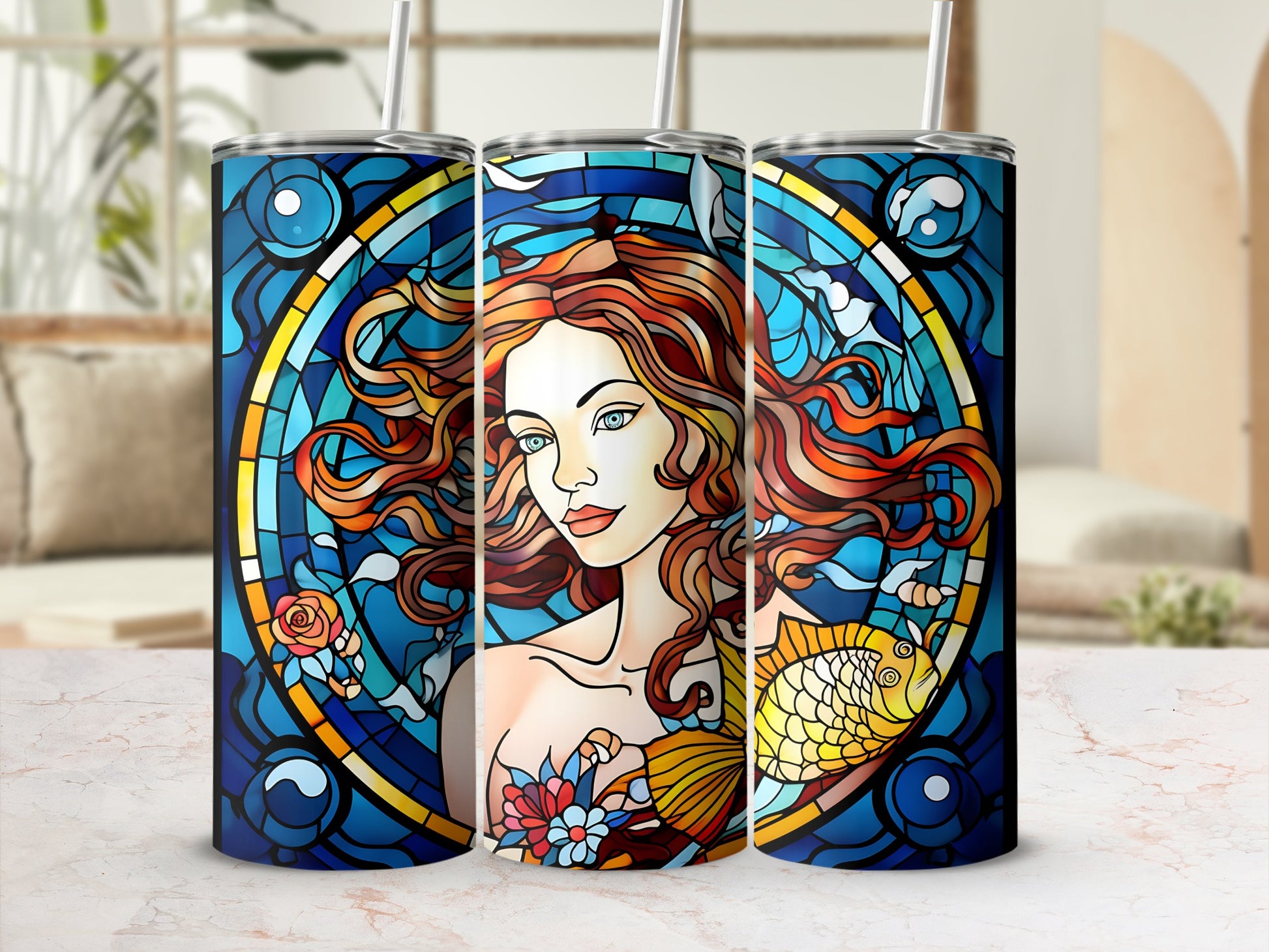 Mermaid with flowing hair and fish against stained-glass background.