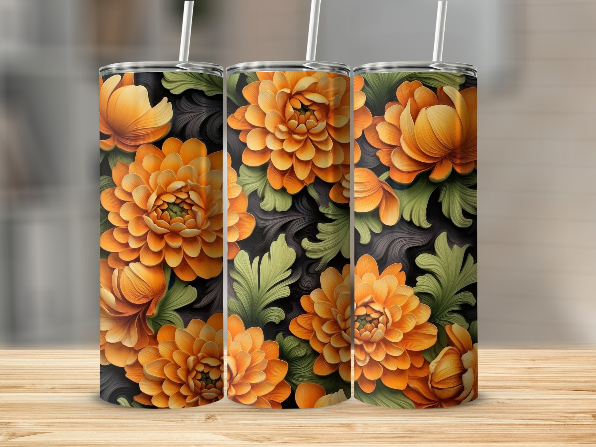 Orange Chrysanthemum Green Leaf Dark Floral Pattern product type