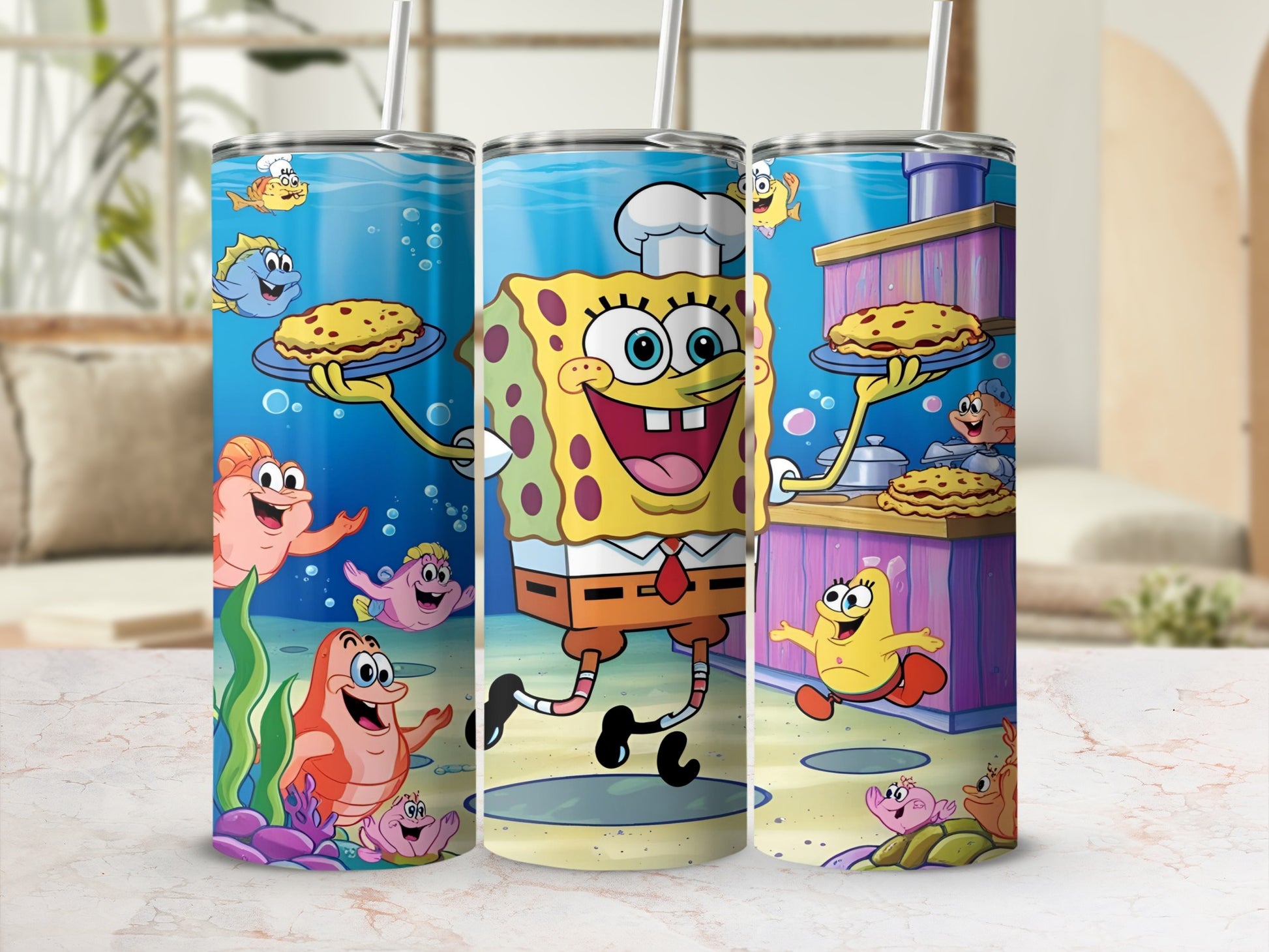 SpongeBob SquarePants with Krabby Patties and sea creatures, cartoon design.