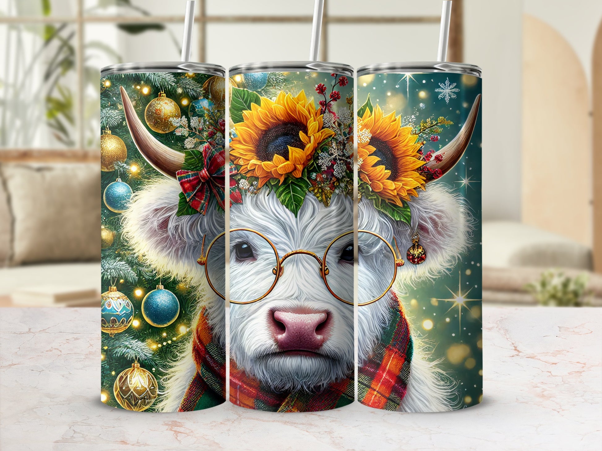 Highland cow wearing glasses and a scarf with sunflowers on a festive background.