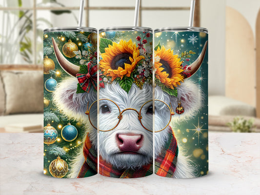 Highland cow wearing glasses and a scarf with sunflowers on a festive background.