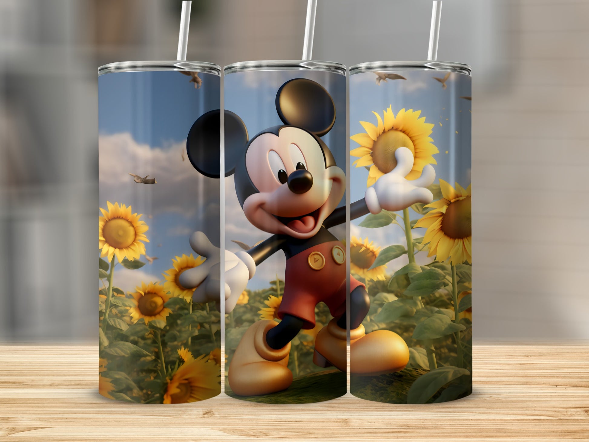 Mickey Mouse Standing in Sunflower Field Tumbler