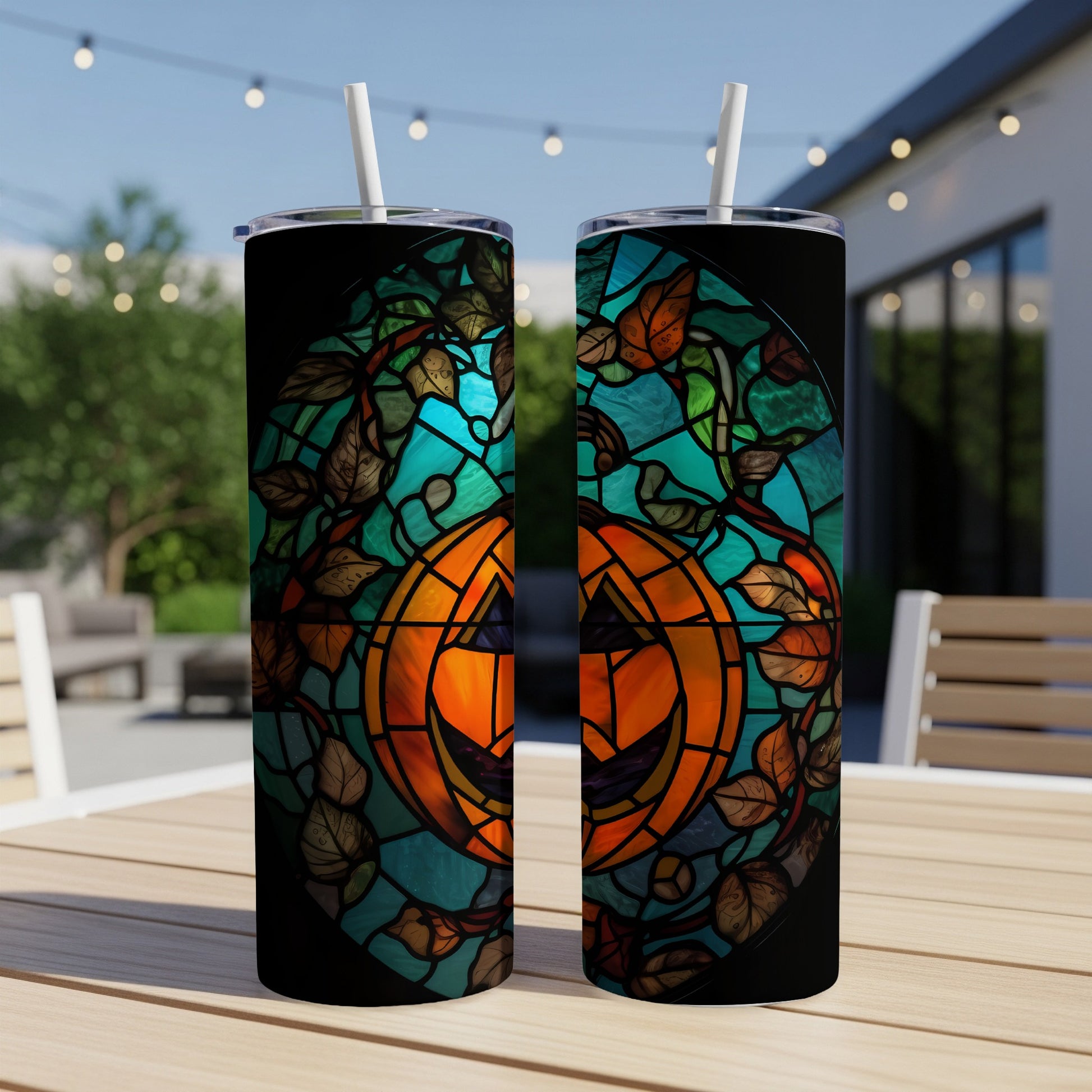 Two tumblers with a stained-glass pumpkin design and autumn leaves.
