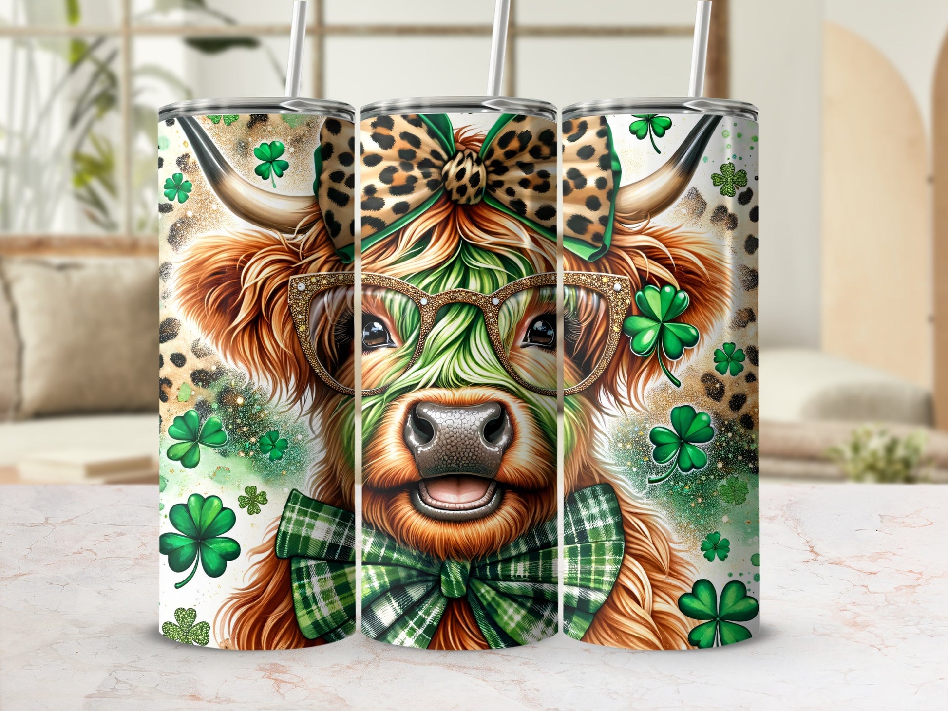 Cow with glasses and bow tie, surrounded by shamrocks and glitter.