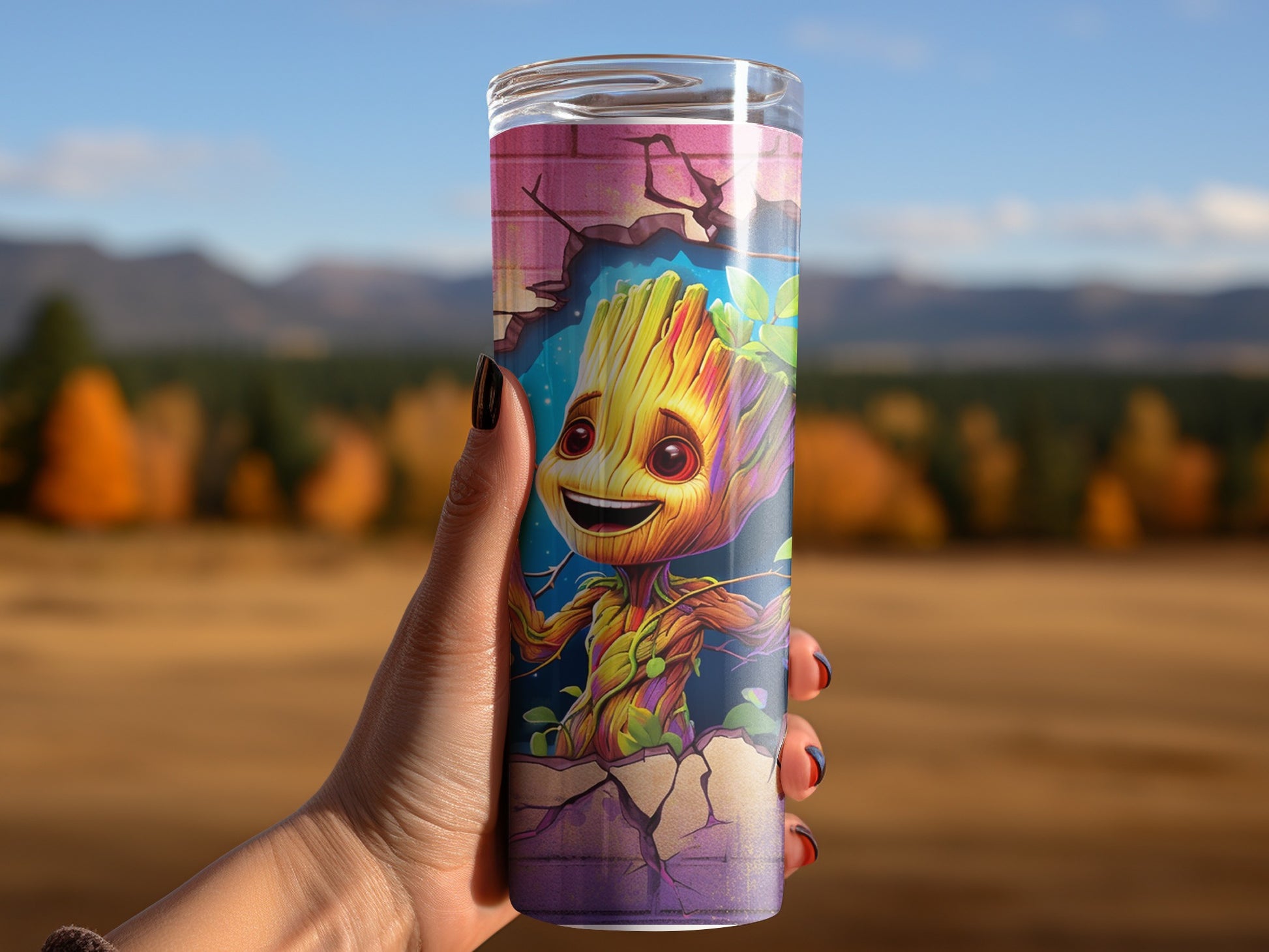 Adorable Tree Character Artwork with Scenic Background Cup