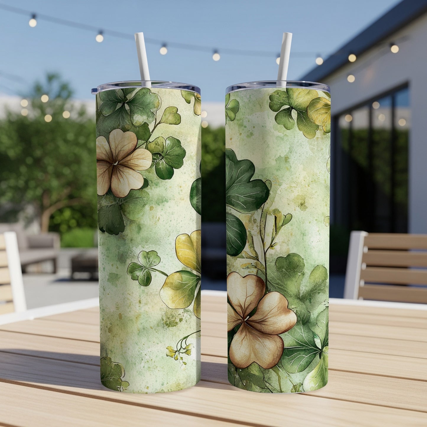 Two floral tumblers with shamrock and clover floral pattern.