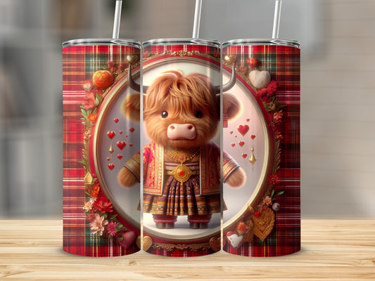 Fluffy highland cow in festive red tartan attire on a tumbler.