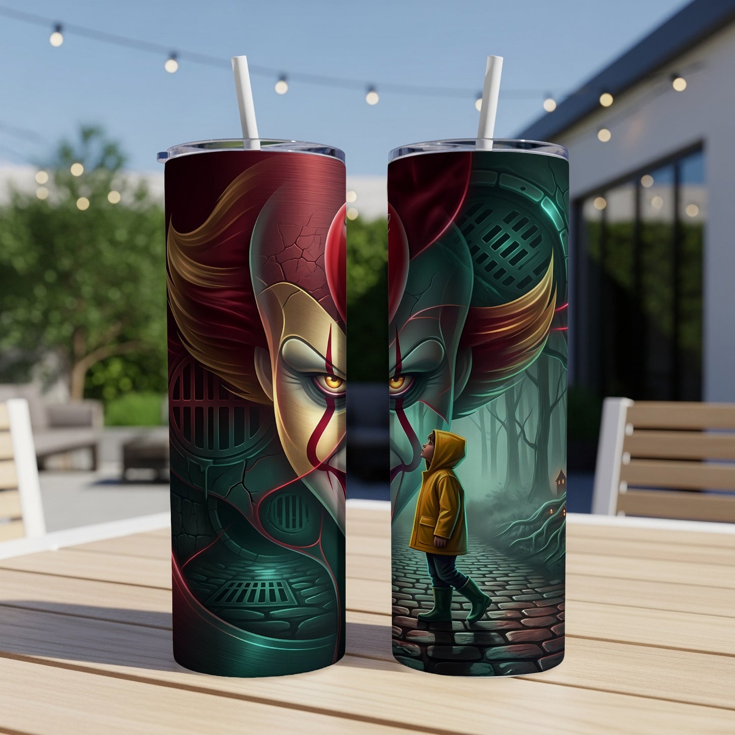 Tumblers feature a split design with a clown face and a child in a yellow raincoat.