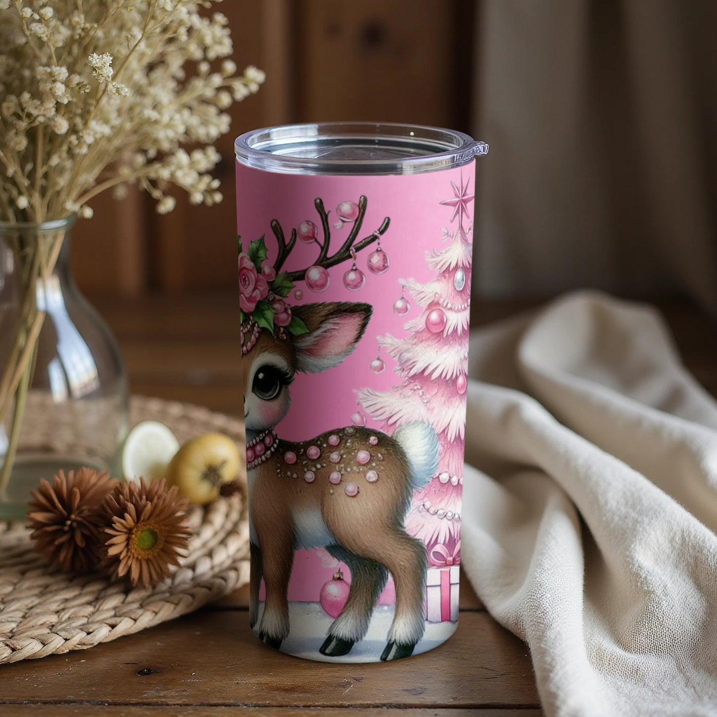 Cute Christmas Deer With Pink Decorations Tumbler