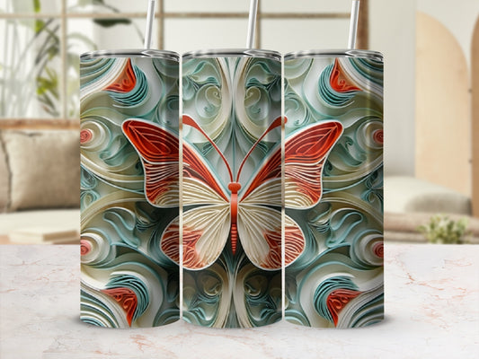3D quilled paper butterfly design on a white tumbler with straws.