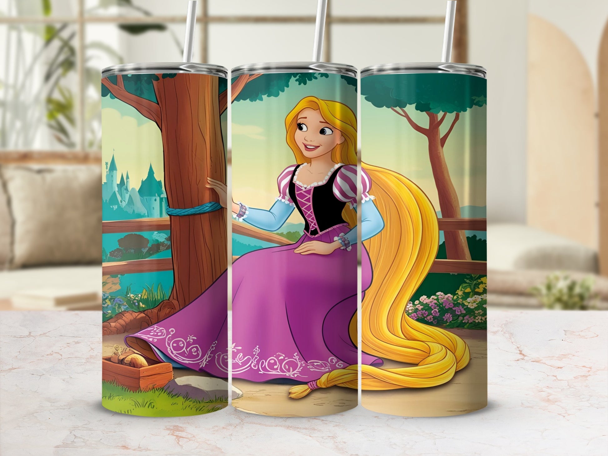Rapunzel in a purple dress sitting with her long blonde hair.