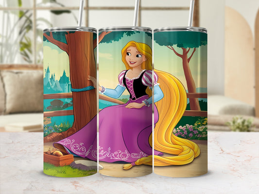 Rapunzel in a purple dress sitting with her long blonde hair.