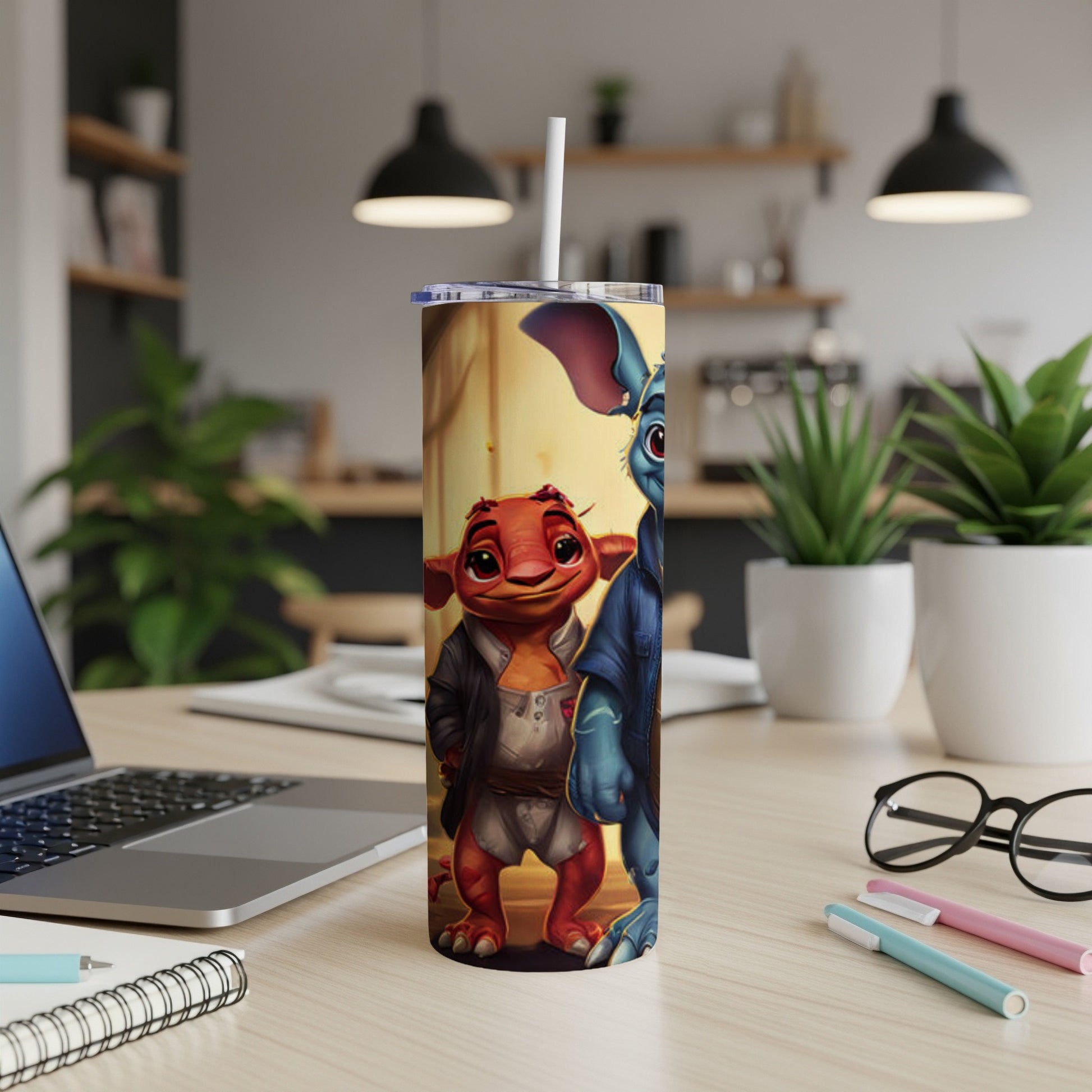 Stitch and Lilo characters on a skinny tumbler with a straw.