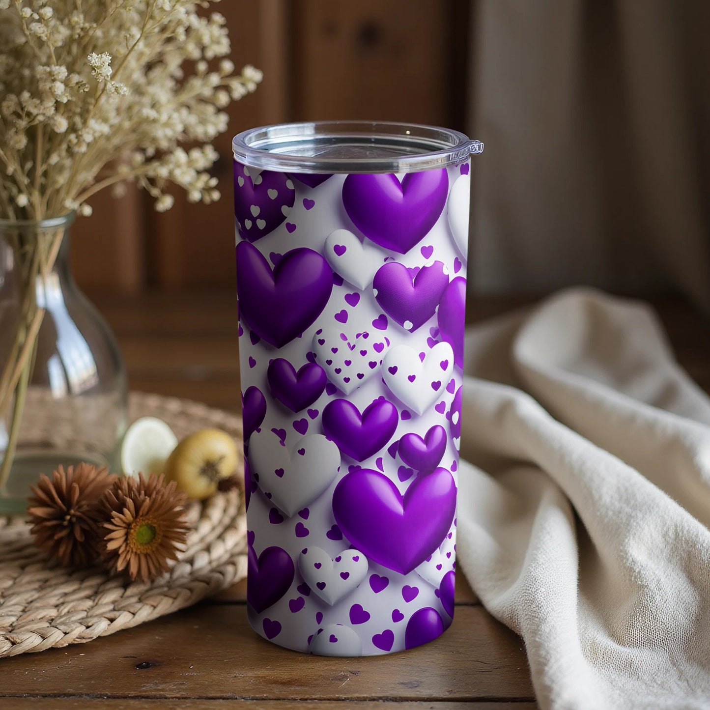 Purple and White Hearts Pattern Tumbler Cup