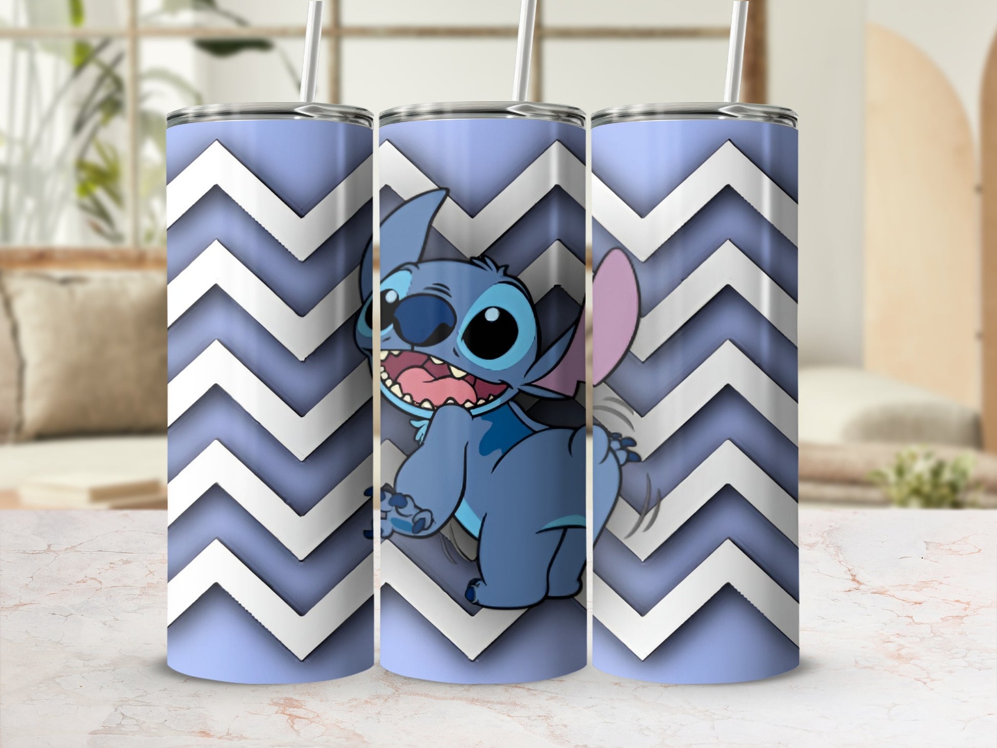 Blue Stitch character on a chevron patterned tumbler.