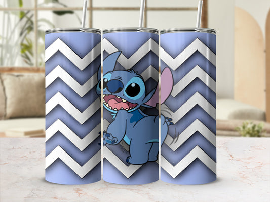 Blue Stitch character on a chevron patterned tumbler.