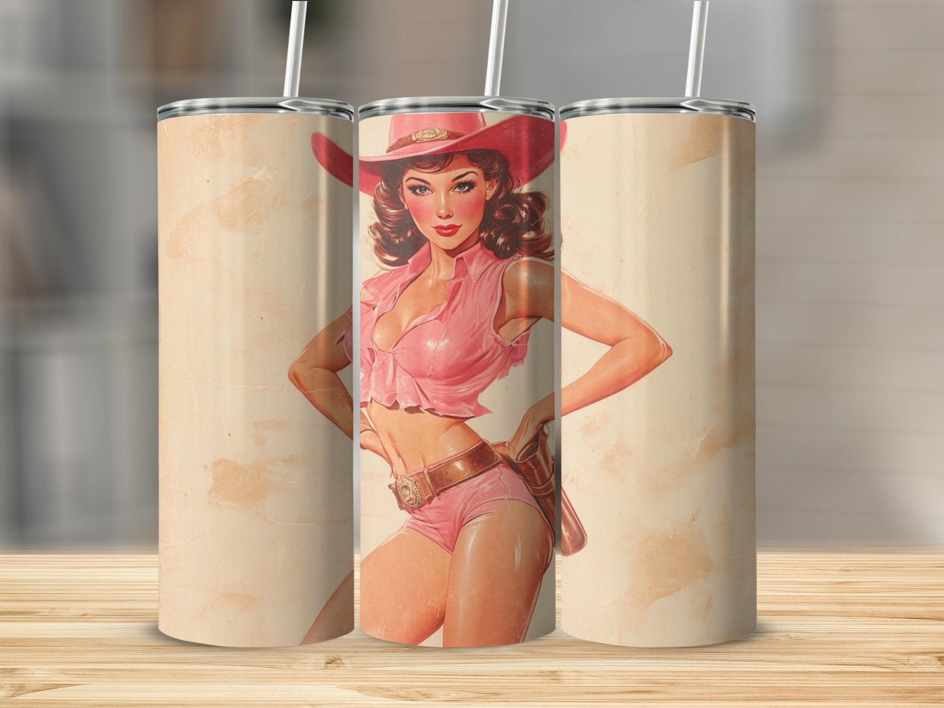 Cowgirl illustration in pink outfit, standing between two blank tumblers.