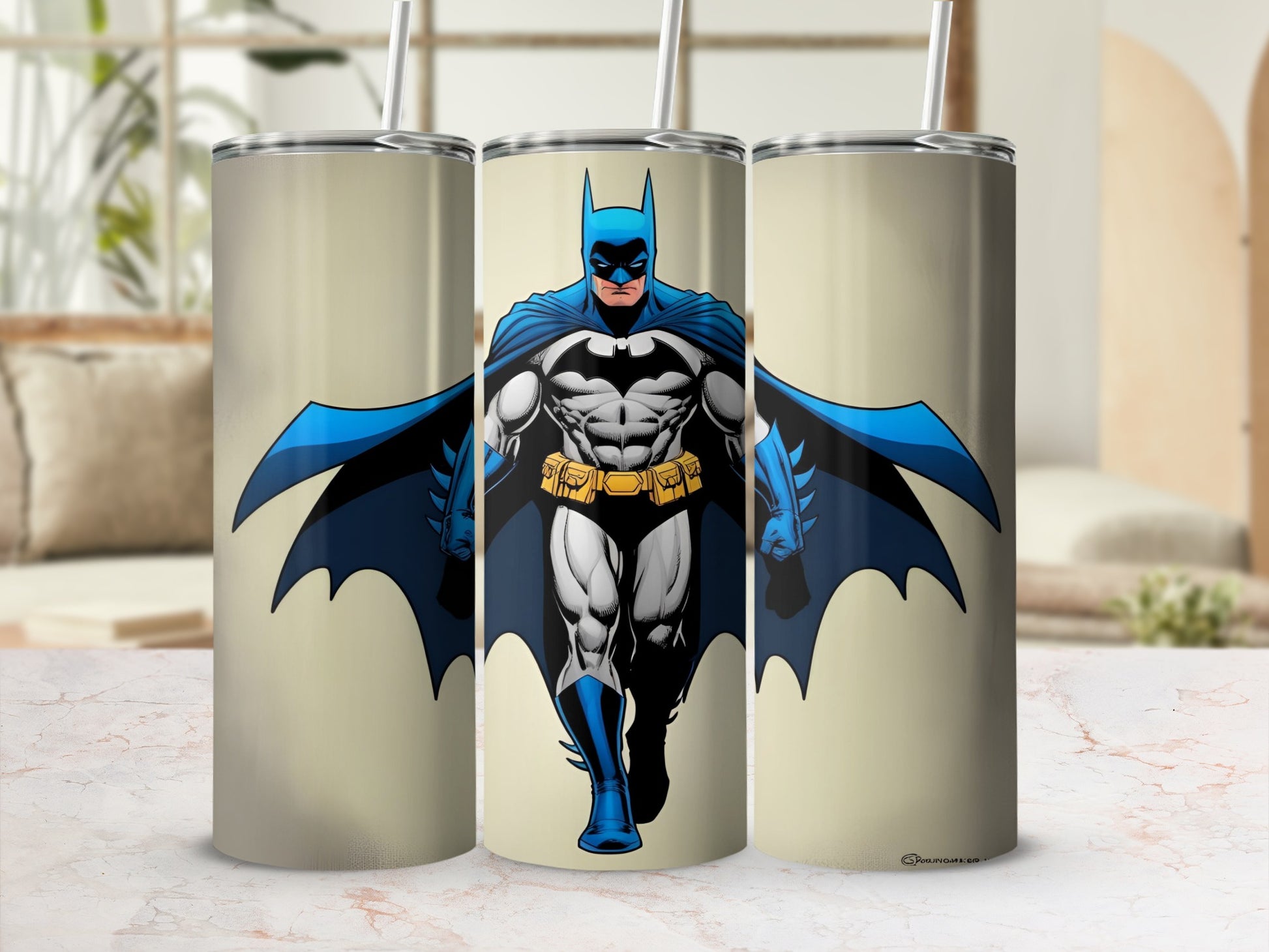 Batman in a blue costume with cape walking forward on a tan background.