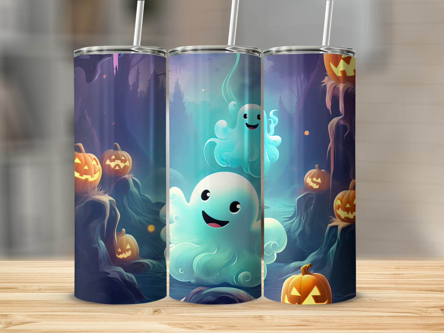 Halloween themed tumblers featuring cute ghosts and jack-o'-lanterns with a spooky forest background.