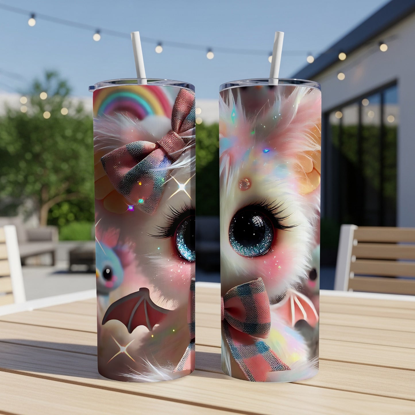 Two tumblers with glittery pink cat face design featuring large blue eyes and colorful bow.