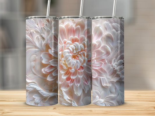 Three tall tumblers with embossed pink and white dahlia floral designs.