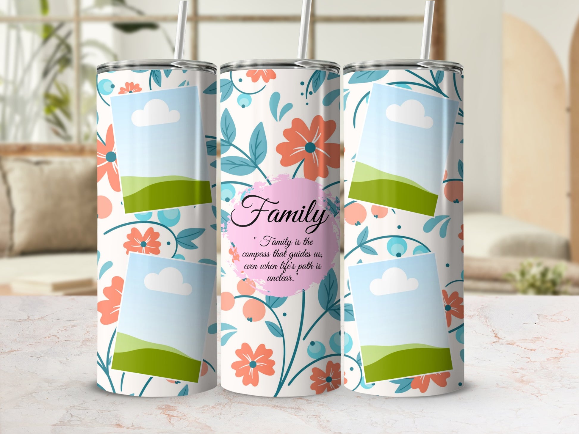Floral tumbler with "Family" quote and photo placeholders.