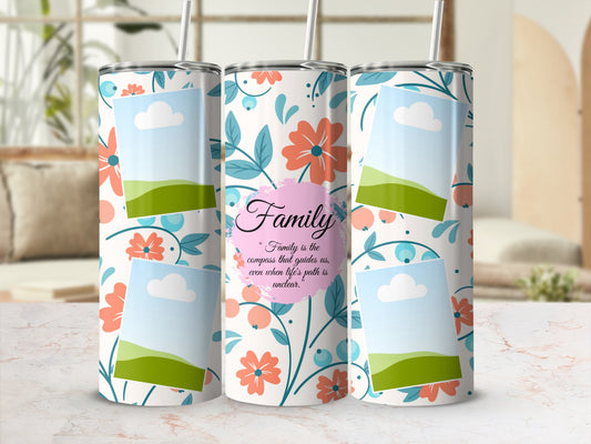 Floral tumbler with "Family" quote and photo placeholders.